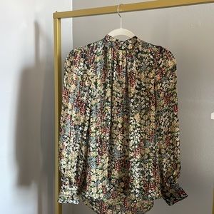 H&M long sleeve black and floral blouse with a mock neck and gold details